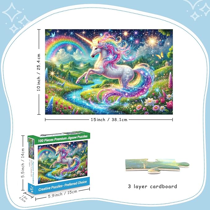 100 Piece Puzzles Rainbow Unicorn Puzzle for Kids Ages 4-8 8-10, 100 Piece Jigsaw Puzzle for Adults Toddler Children Learning Educational Puzzles Toys Birthday Gifts for Girls Boys