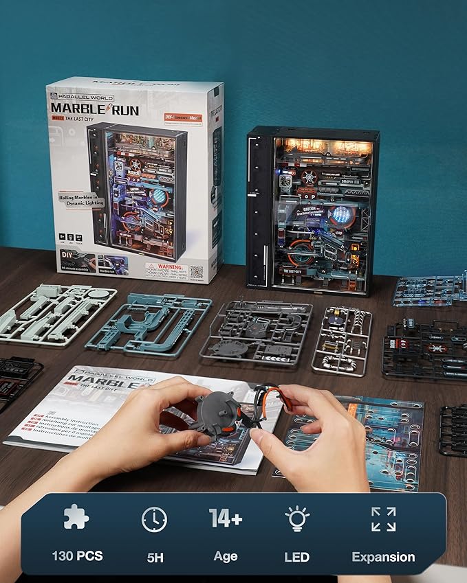 RoWood 3D Puzzles,Electric Marble Run Model Kit,130Pcs,Assembly Time 5H,Miniature Parallel World MR01S,Dynamic Models,Creative Gifts for Adutls&Teens