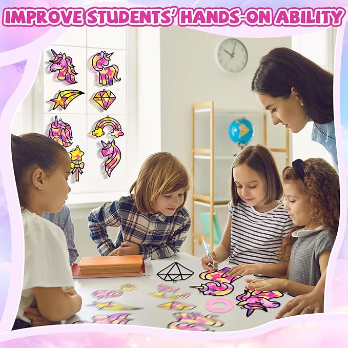 QOUBAI 32 Sets Unicorn Rainbow Suncatchers Craft Kit DIY Window Stained Glass Effect Diamond Star bow Paper Crafts Home School Classroom Decoration Kid Birthday Gift Creative Art Project Activity Game