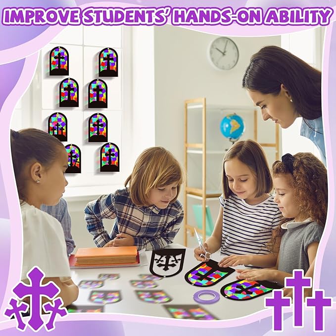QOUBAI 32 Sets Cross Suncatchers Crafts DIY Window Stained Glass Effect Christian Religious VBS Paper Craft Home Sunday School Classroom Decoration Kid Birthday Gift Creative Art Project Activity Game