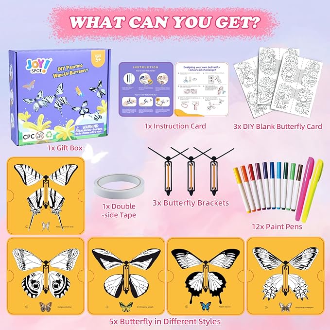 20 Pack Painting Butterfly Craft Kit for Kids, Rubber Band Wind Up Butterfly Toy, Kids Arts Craft Kit, 8 Paper Butterflies and 12 Color Pens, Make Your Own Magic Butterfies,Party Game,School Activity