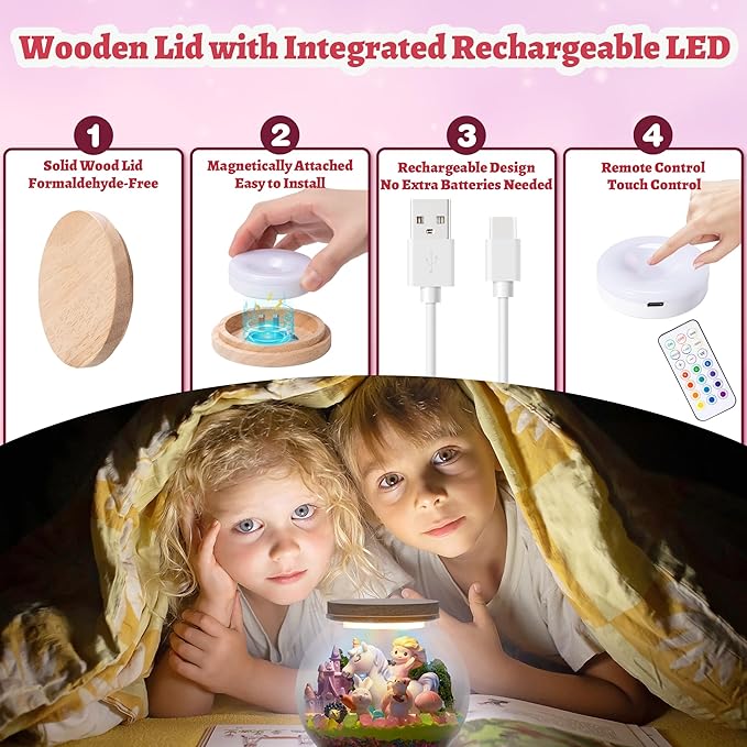 Unicorn Toys for Girls - Unicorn Terrarium Kit Toys - Rechargeable LED Night Light with Remote - DIY Crafts Kit Birthday Gifts for Kids - Christmas Birthday Gifts for Girls Ages 4 5 6 7 8-12 Year Old