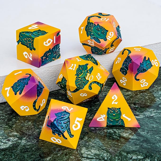 Metal DND Cat Dice 7PCS Polyhedral RPG Dice Set with Gift Case for Dungeons Dragons Role Playing Game, D and D Dice D6 D8 D10 D12 D20 D% (Yellow Green)