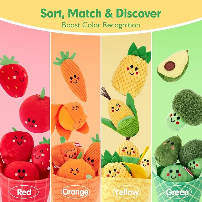 hahaland Baby Sensory Toys - 16 PCS My First Fruit Vegetable Color Sorting Play Food with Crinkle, Rattle, Baby Toys 6-12 Months Montessori Toys for 1 Year Old Boy Girl Gifts Toddler Stocking Stuffers