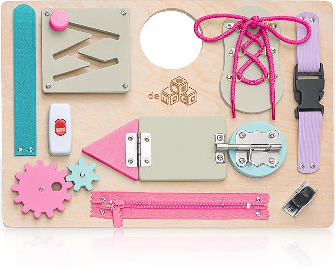 Montessori Busy Board for Toddlers, Premium Wooden Toddler Busy Board for 1 2 3 Year Old with 10 Educational Activities for Fine Motor Skills, Sensory Activity Toy for Travel, Gift for Boys & Girls