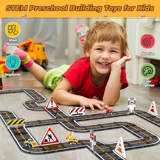 Magnetic Tiles, Magnetic Blocks Engineering Construction Vehicle Road Set, Toddler Toys for 3 4 5 Year Old Boys Girls Montessori Preschool Classroom Must Haves STEM Educational Kids Toys Birthday Gift