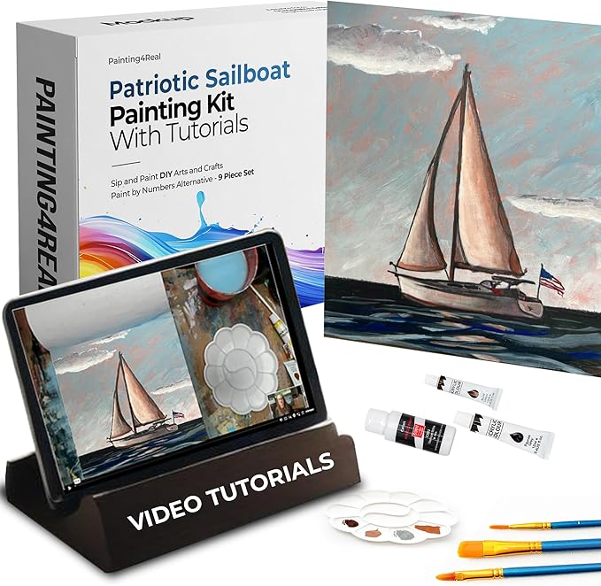 Painting4Real DIY Painting Class Kit for Adults: Learn to Paint Patriotic Sailboat with Video Tutorials – Art Decoration for Independence Day – Hang This Picture/Art as Wall Decor Once Completed