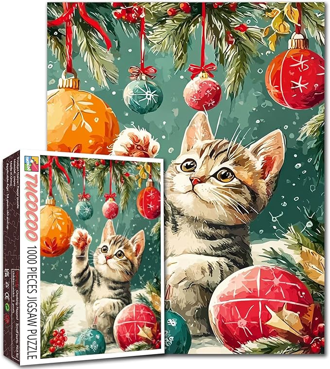 Merry Christmas 1000 Piece Jigsaw Puzzles for Adults Cat Playing with Xmas Balls Painting Jigsaw Puzzle 1000 Animal/Wildlife Puzzles 20''x27”inch DIY Craft Puzzle Art Wall Decor Family Challenging