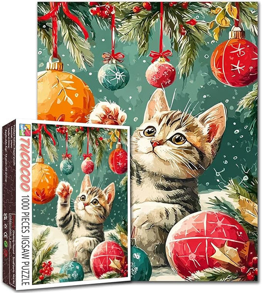 Merry Christmas 1000 Piece Jigsaw Puzzles for Adults Cat Playing with Xmas Balls Painting Jigsaw Puzzle 1000 Animal/Wildlife Puzzles 20''x27”inch DIY Craft Puzzle Art Wall Decor Family Challenging