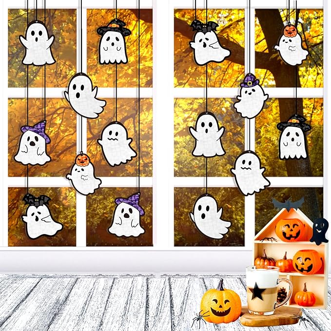 Tinlade 32 Set Halloween Suncatcher Crafts Kit Ghost Suncatcher Paper Crafts with Tissue Paper DIY Window Stained Glass Effect Hanging Ornaments for Halloween Boo DIY Activities Party Favors