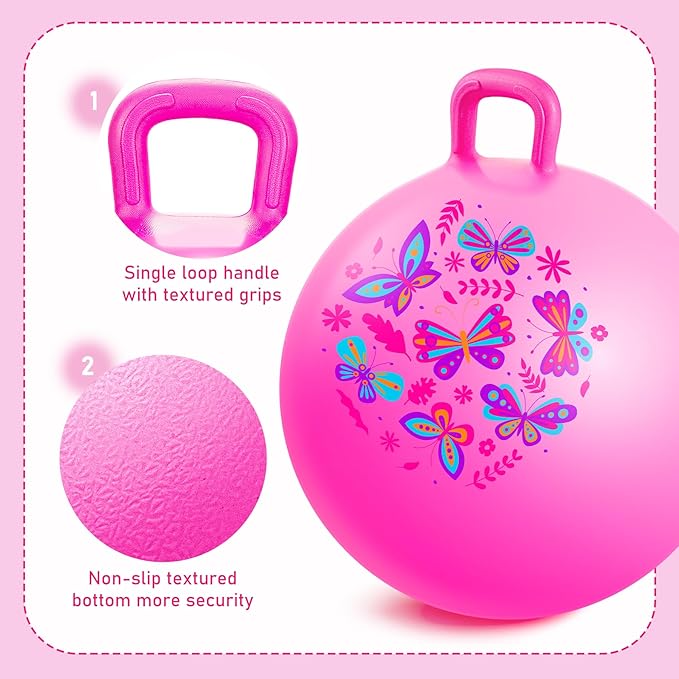 EVERICH TOY Hopper Ball, Pink Butterfly Hopping Toys for Kids, 20 Inch Bouncy Ball with Handle, Indoor Outdoor Inflatable Hoppity Hop Toy for Girls Boys Gift with Pump