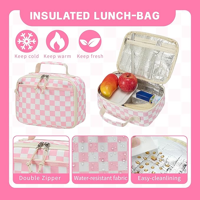 LEDAOU Kids School Backpack with Lunch Box for Girl Boy Toddler BookBag School Bag Preschool Kindergarten Backpack (Pink Checkered)