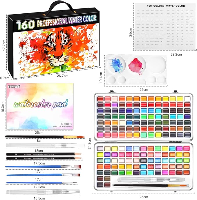 Gunsamg Watercolor Paint Set, 160 Vibrant Colors in Portable Travel Box with Palette, Perfect Watercolor Kit for Artists, Beginners, Adults - Non-Toxic Art Supplies Gift