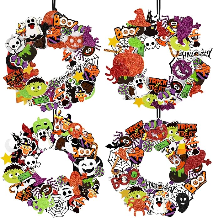 Openfly 12 Sets Halloween Wreath Craft Kit for Boys Girls, Halloween Wreath Sign Decorations Pumpkin Spider Bat Candy Stickers DIY for Home Classroom Party Decor