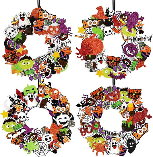 Openfly 12 Sets Halloween Wreath Craft Kit for Boys Girls, Halloween Wreath Sign Decorations Pumpkin Spider Bat Candy Stickers DIY for Home Classroom Party Decor