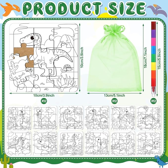 12 Sets Dinosaur Puzzles for Dinosaur Theme Color Your Own Puzzles DIY Dino Jigsaw Crafts with 12 Stackable Crayons and 12 Bags for Tropical Jungle Gifts Birthday Party Supplies Favors