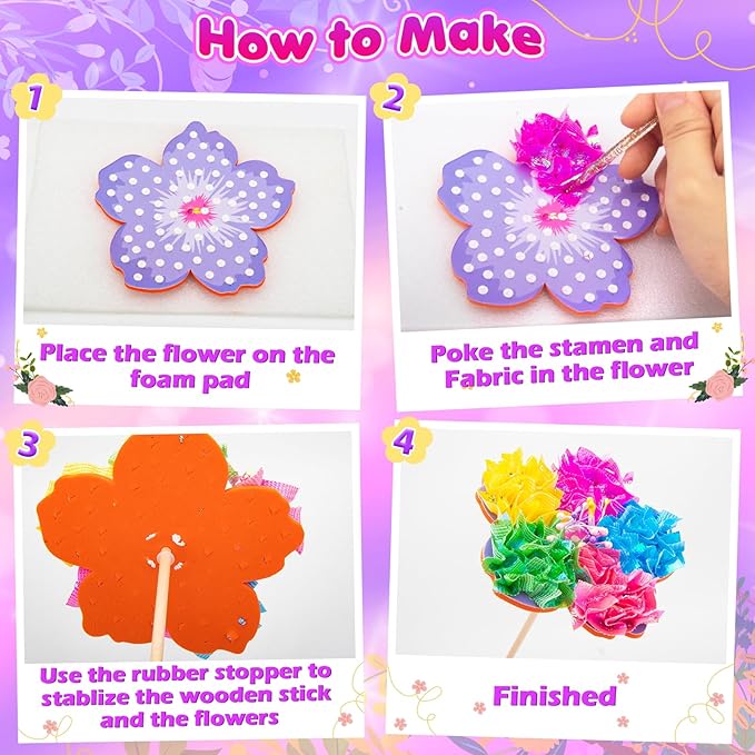 Poke Art and Craft Flower Bouquet Kits for Girls, 8 Flowers & 2 Butterflies with Wooden Vase, Mess Free DIY Creative Activity, Birthday Gifts Toys for 5 6 7 8+ Year Old Girls