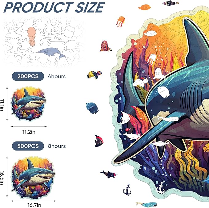 Wooden Puzzles for Adults, Shark Ocean Jigsaw Puzzles 200 Pieces Unique Shape Adult Puzzles, Irregular Wood Puzzles Creative Gift for Adults Family Game(11.1x11.2in)
