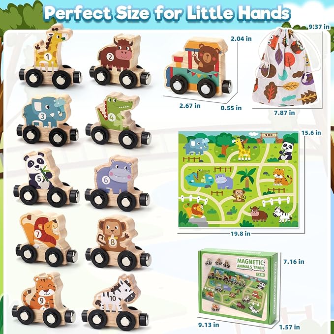 Toys for 1 2 3 Year Old Boys Girls, Montessori Toys Magnetic Wooden Train Set Gifts for 2-3-4 Year Old Boy Girl Educational Toddler Toy Birthday Presents Age 1+ Kids Animal Farm Games with Track Mat