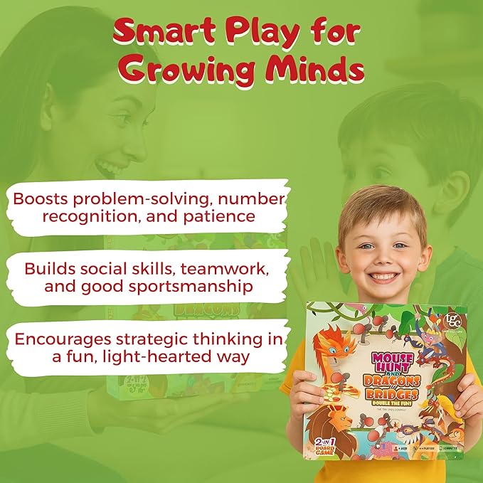 2-in-1 Family Board Game for Kids 5+ | Folding 19x19 Inch Board with 16 Pawns & Dice | Dragons & Bridges + Mouse Cafe | Educational & Fun Travel Game for Kids & Families