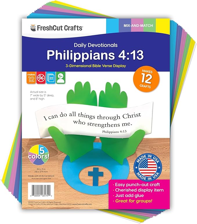 FreshCut Crafts Philippians 4:13 Punch-Out 3-D Paper Kit, 12 Colorful Tabletop Displays- Bible Craft for Kids Ages 5 & Up, Perfect for Sunday School, Church Activities, Homeschooling, Classroom Decor