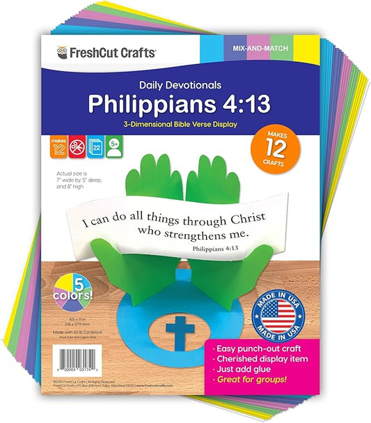 FreshCut Crafts Philippians 4:13 Punch-Out 3-D Paper Kit, 12 Colorful Tabletop Displays- Bible Craft for Kids Ages 5 & Up, Perfect for Sunday School, Church Activities, Homeschooling, Classroom Decor