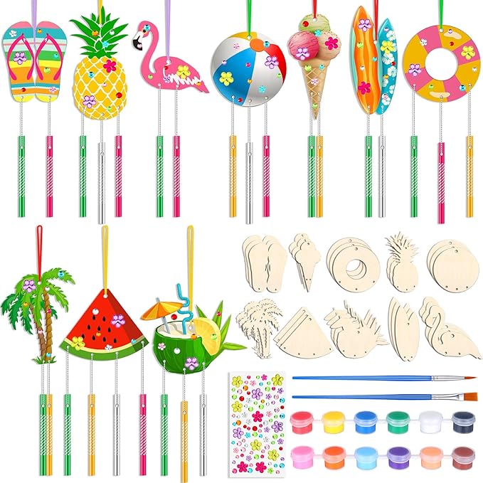 Wind Chime Making Kit for Kids Make Your Own Wind Chime Wooden Ornaments for Girls and Boys DIY Crafts Activity Birthday Summer Decoration(Beach)