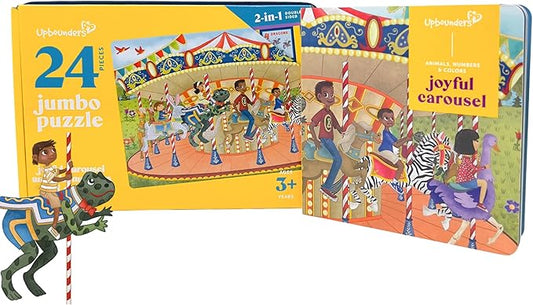 Upbounders® Double Sided Carousel Animal Jigsaw Puzzle & Picture Book Set for Kids | 24 Pcs Animals, Numbers & Colors Educational Toddler Toy | Preschool Jumbo Puzzle with Board Book for Boys & Girls