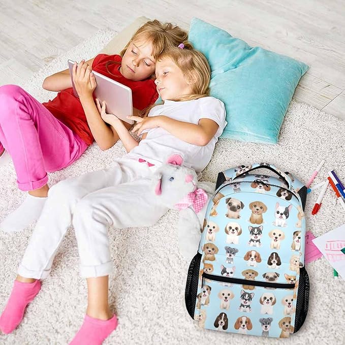 Dog Backpacks for Kids, Large Capacity Backpack for School, Cute Blue Doggy Print Lightweight Bookbag for Boys & Girls