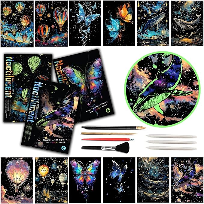 Glow in The Dark Scratch Art Paper,Engraved Landscape Scratch Painting Rainbow Board (12 Sheets A4) Adults, Fun Sketch Card Creative Craft Toy (Animals/Landscapes) by Iskueal.