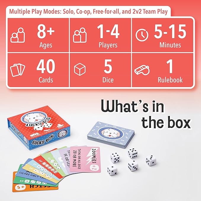 Lucky Dog Dice Game - Family Fun for Ages 8+ | Engaging Multi-Mode Play for 1-4 Players | Dog-Themed Strategy & Laughter | Kids & Adults