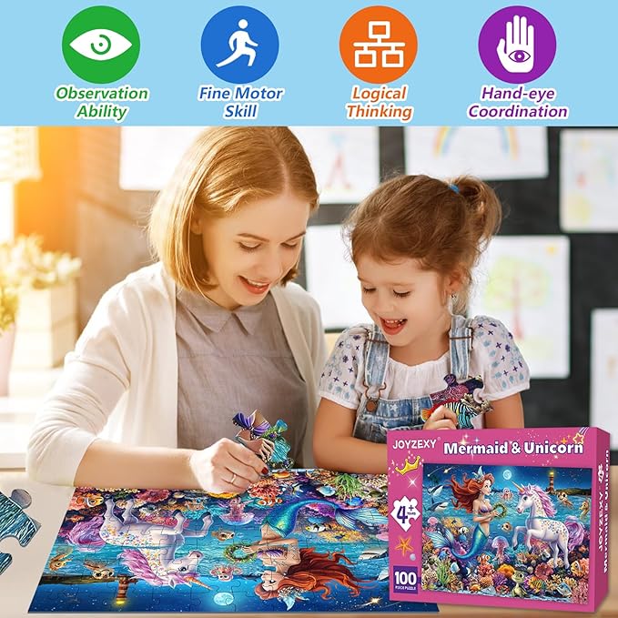 100 Piece Puzzles for Kids Ages 4-6-8, Mermaid and Unicorn Puzzles 100 Pieces for Kids, Underwater Scene Jigsaw Puzzle for Children Learning Educational Toys Gifts for Girls Boys