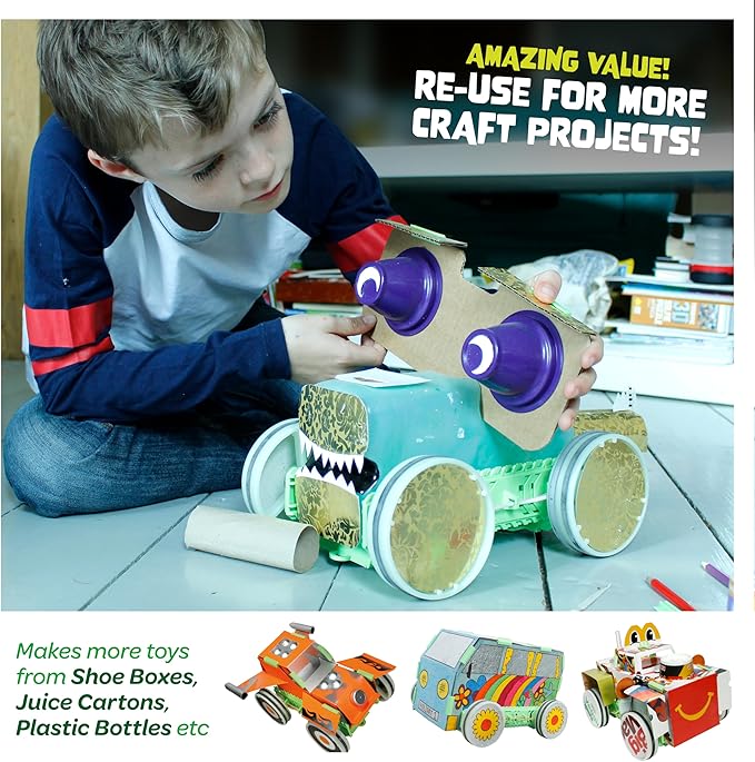 JUNKO DIY Toy Car Kit for Kids – Build, Color & Customize – Pull-Back Car – STEM Craft Project Ages 6–10 – Recycled, Reusable, Fun for Parent & Child
