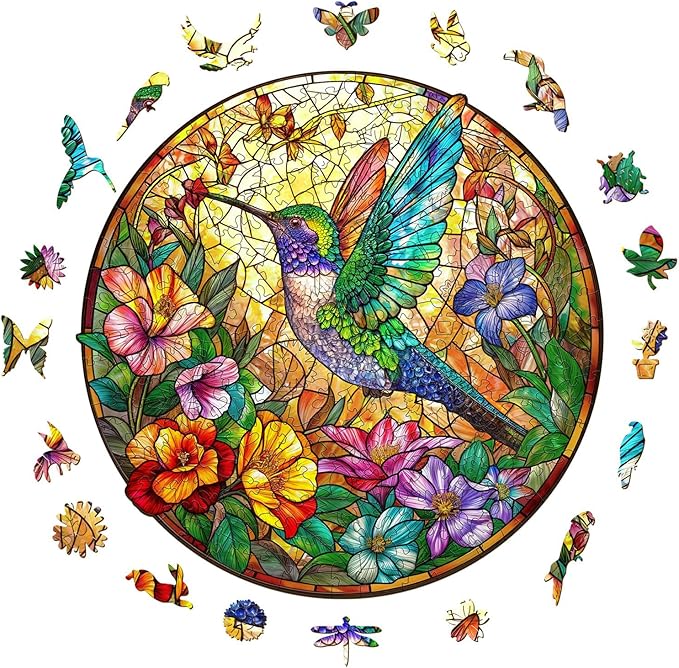 Wooden Puzzle for Adults, Stained Glass Hummingbird Puzzle, Unique Animal Shape Puzzles, Wooden Jigsaw Puzzles for Adults, Thanksgiving for Family Friend (M-11.4 * 11.4in - 200psc)