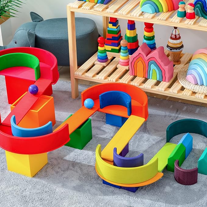 Wooden Rainbow Stacking Toy, 12 Pcs Wood Building Blocks Set, Waldorf Toys for Toddlers, Matching Educational Learning Toy