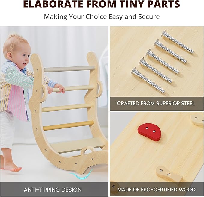 BlueWood Pikler Triangle Set, Toddler Wooden Climbing Toys Indoor 7in1 Foldable Climber for Kids, Montessori Philosophy Play Jungle Gym with Arch, Ramp, Ladder (Warm Winter Christmas)