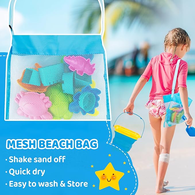 Collapsible Beach Toys Set for Kids Boys Castle Sand Toys Set with Sand Bucket & Shovels Set & Sand Molds and Mesh Bag, Travel Sandbox Toys for Toddlers Age 3-10.