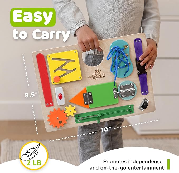 Montessori Busy Board for Toddlers, Premium Wooden Toddler Busy Board for 1 2 3 Year Old with 10 Educational Activities for Fine Motor Skills, Sensory Activity Toy for Travel, Gift for Boys & Girls