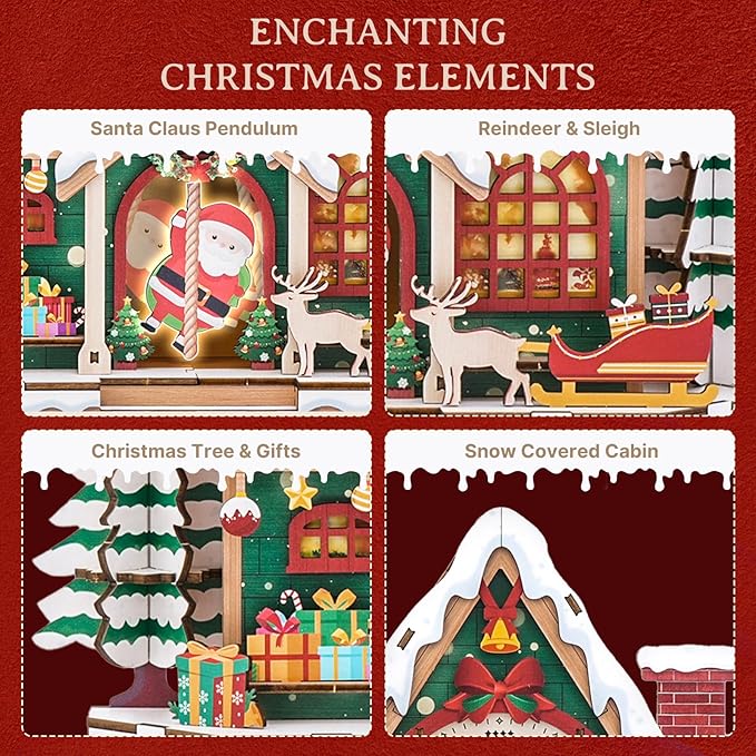 KAAYEE 3D Puzzle for Adult, Wooden Christmas Cabin Pendulum Clock Mechanical Model Kit, 66 PCS DIY Vintage Wall Clock Building Kit, Creative Craft Gift for Birthday Home Decor (Battery Not Included)