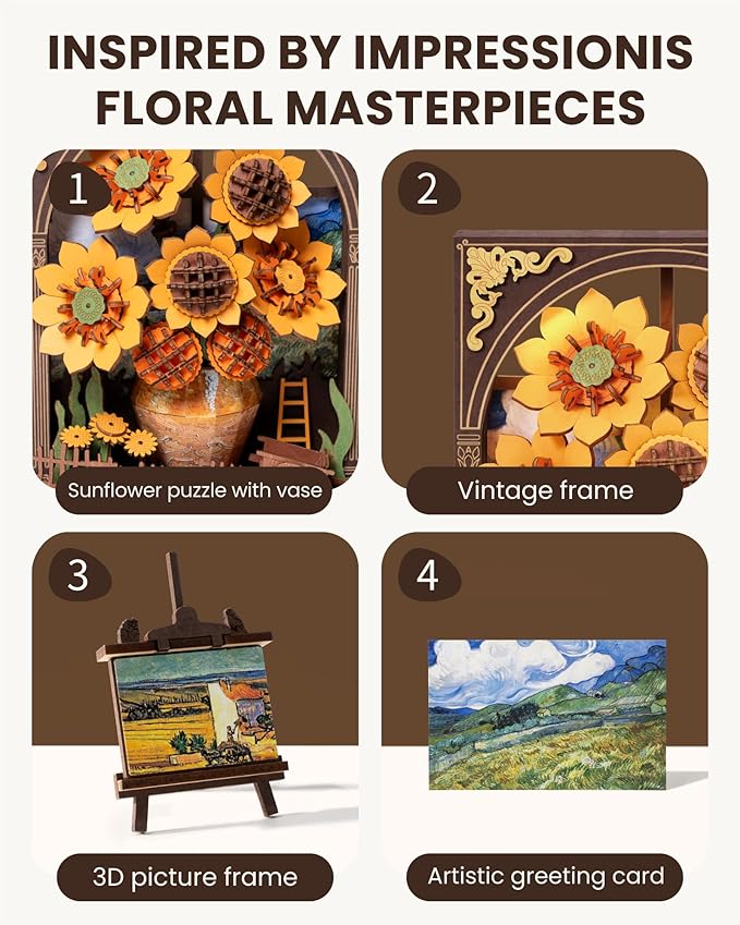 rowood Sunflower 3D Puzzle Building Set with LED,DIY Vincent Van Gogh Painting Artwork Craft Kits for Adults,Home Decor Botanical Collection Gift for Teens Kids on Christmas