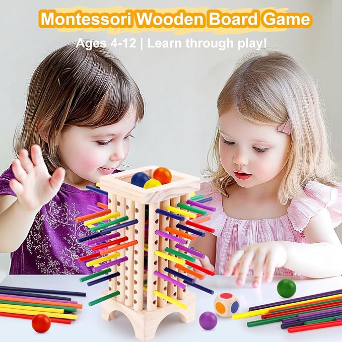 Montessori Wooden Board Games for Kids 42 Colorful Stacking Wooden Sticks Dice Game Fine Motor Skills Montessori Toys for 3 4 5 6 Year Old Girl Boy Educational Learning Gift Ages 4-8
