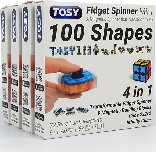 TOSY Magnet Fidget Spinner Mini - 8 Blocks, 3 in 1 Toy: Transformable Fidget Spinner, Infinity Cube, 2x2 Puzzle Cube, Stress Relief, STEM Magnet Tiles Birthday Gift for Kids/Boys/Girls/Adults, 4-Pack