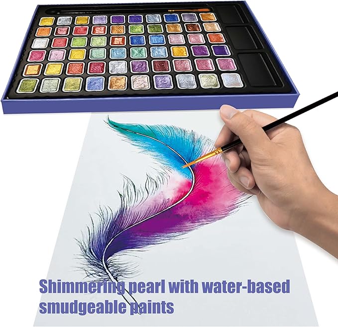 Mini Shimmer Watercolor Paint Set, 60 Colors Glitter Metallic Watercolour Painting Sets, Solid Pearl Water Color Paints for Artists, Amateur Hobbyists and Painting (60 Colors)