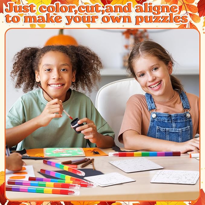 12 Sets Fall Puzzles Color Your Own Puzzles DIY Jigsaw Crafts with 12 Stackable Crayons and 12 Bags for Learning Education Toys Gifts Prizes Birthday Party Supplies(12, Fall)