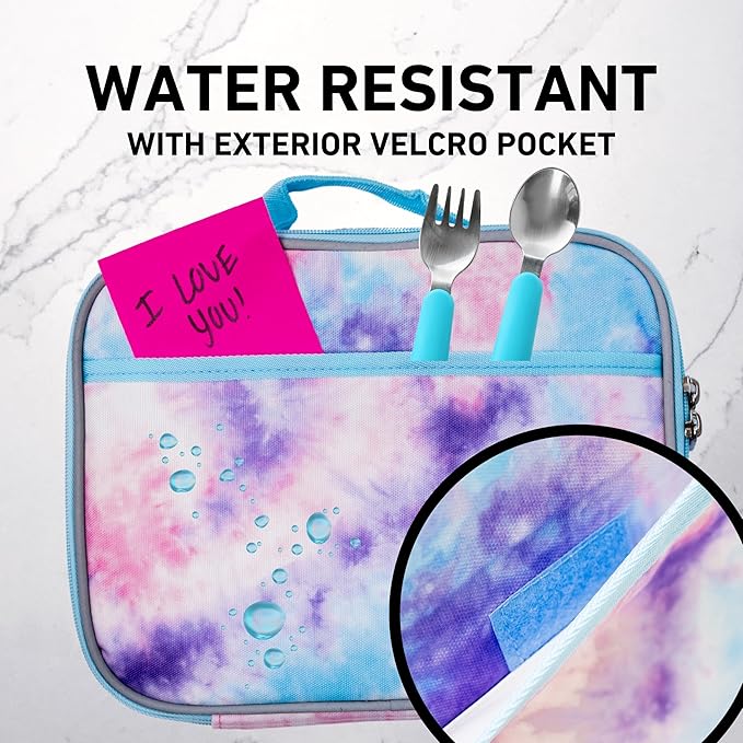Fenrici Tie Dye Lunch Box for Girls, Teens, Women, Kids, Insulated Lunch Bag, Soft Sided Compartments, Spacious, BPA Free, Food Safe, 10.8in x 8.5in x 2.8in, Pastel Pink Tie Dye