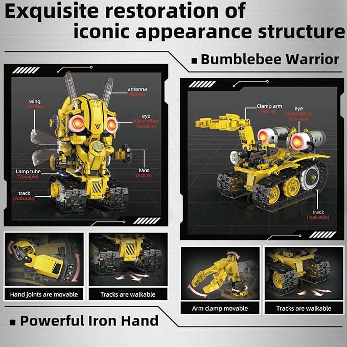 STEM Building Toys for Kids 6-14,5-in-1 Remote & App Controlled Construction Bumblebee Warrior/Powerful Iron Hand/Bulldozer/Hornet Jet/Tracked Vehicle,673 Pcs Building Blocks Set for Boys Girls