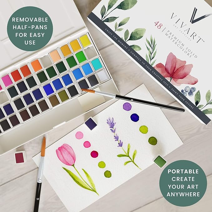 remium 48‑Color Watercolor Set for Adults & Beginners – 48 Vivid Half‑Pans, 2 Artist‑Grade Brushes (Sizes 8 & 12), 20‑Sheet 300 gsm Cold‑Press Paper Pad & Step‑by‑Step e‑Course