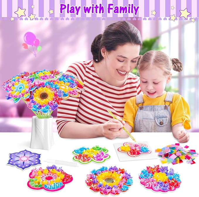 RIEYON Poke Poke Art - Flower Bouquet Kits for Kids, 12 Flowers Art and Craft DIY Creative Activity Crafts Kits, Mess-Free Fun for Kids, Birthday Christmas Gifts for Girls & Boys Ages 5, 6, 7, 8, 9,10