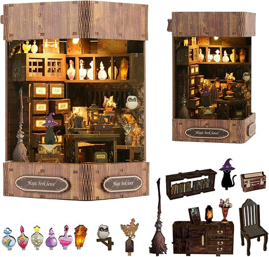 Book Nook Kit - DIY Enchanted Cottage Miniature House for Adults & Teens, 3D Wooden Puzzle Booknook with LED Lights, Bookshelf Insert Decor & Creative Model Building(Magic Bookstore)
