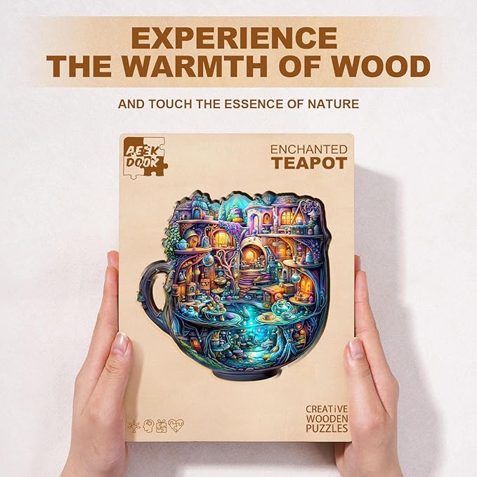 Wooden Puzzles for Adults - 200 Pieces Enchanted Teapot Puzzle - Unique Shapes Wooden Jigsaw Puzzles for Adults - Eco-Friendly Home Office Decor (M-11.4 * 10.8in)